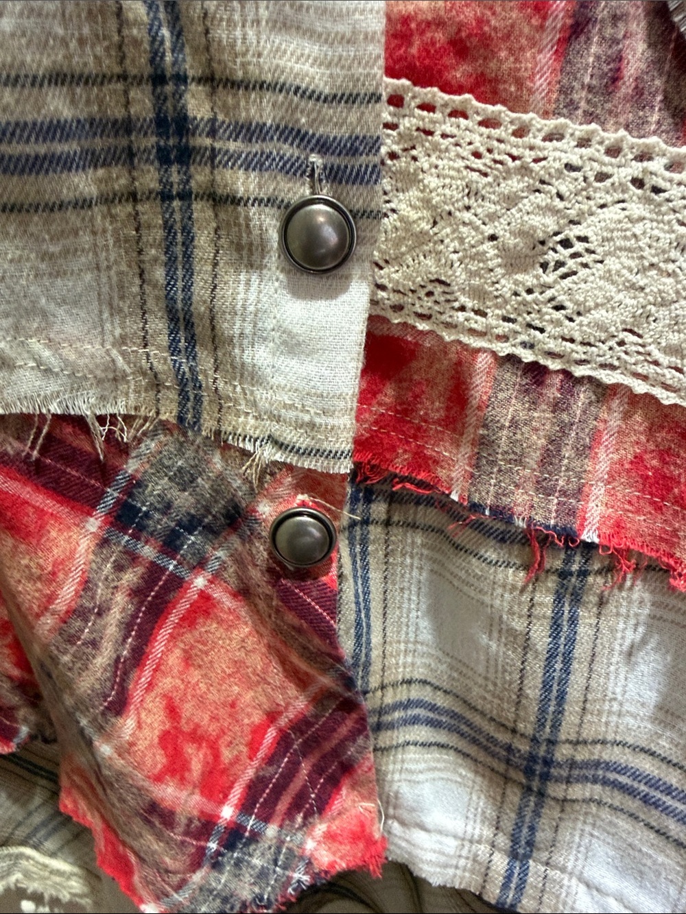 POL Vintage Inspired Mixed Patchwork w/ Lace Plaid Shacket - Red & Cream-NWOT-M - Picture 8 of 12
